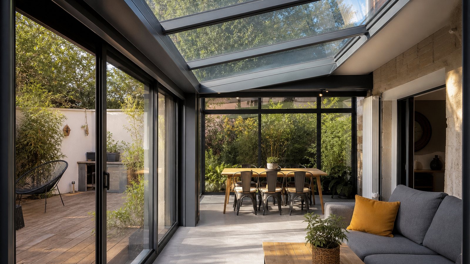 Véranda contemporaine récemment construite adossée à une maison, ouverte sur un jardin clos