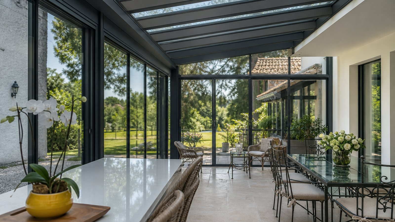 Véranda haut de gamme sur mesure aux profilés fins ouvrant largement sur un jardin paysager