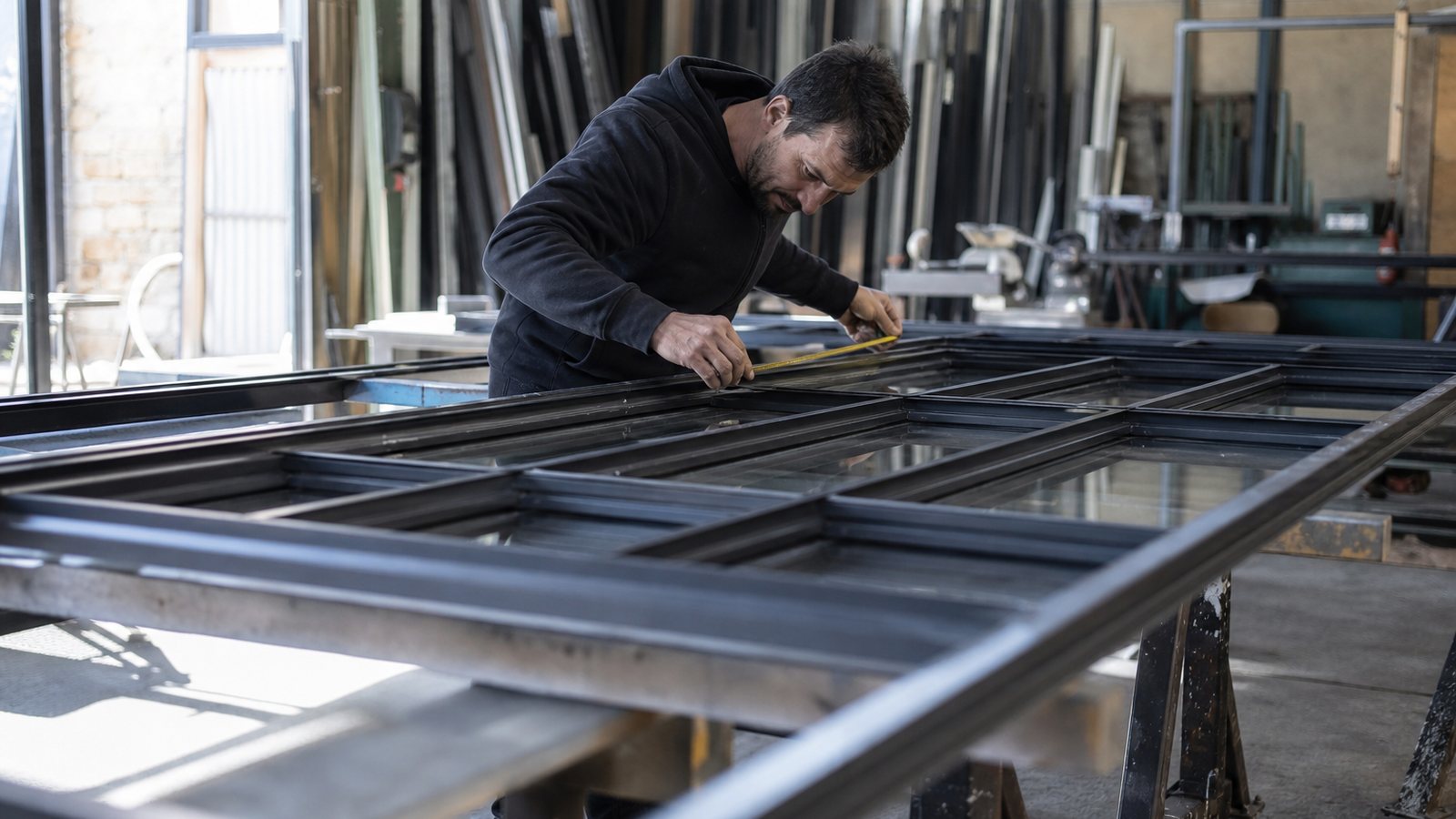 Artisan relevant au millimètre les mesures d'une future verrière dans un atelier de serrurerie