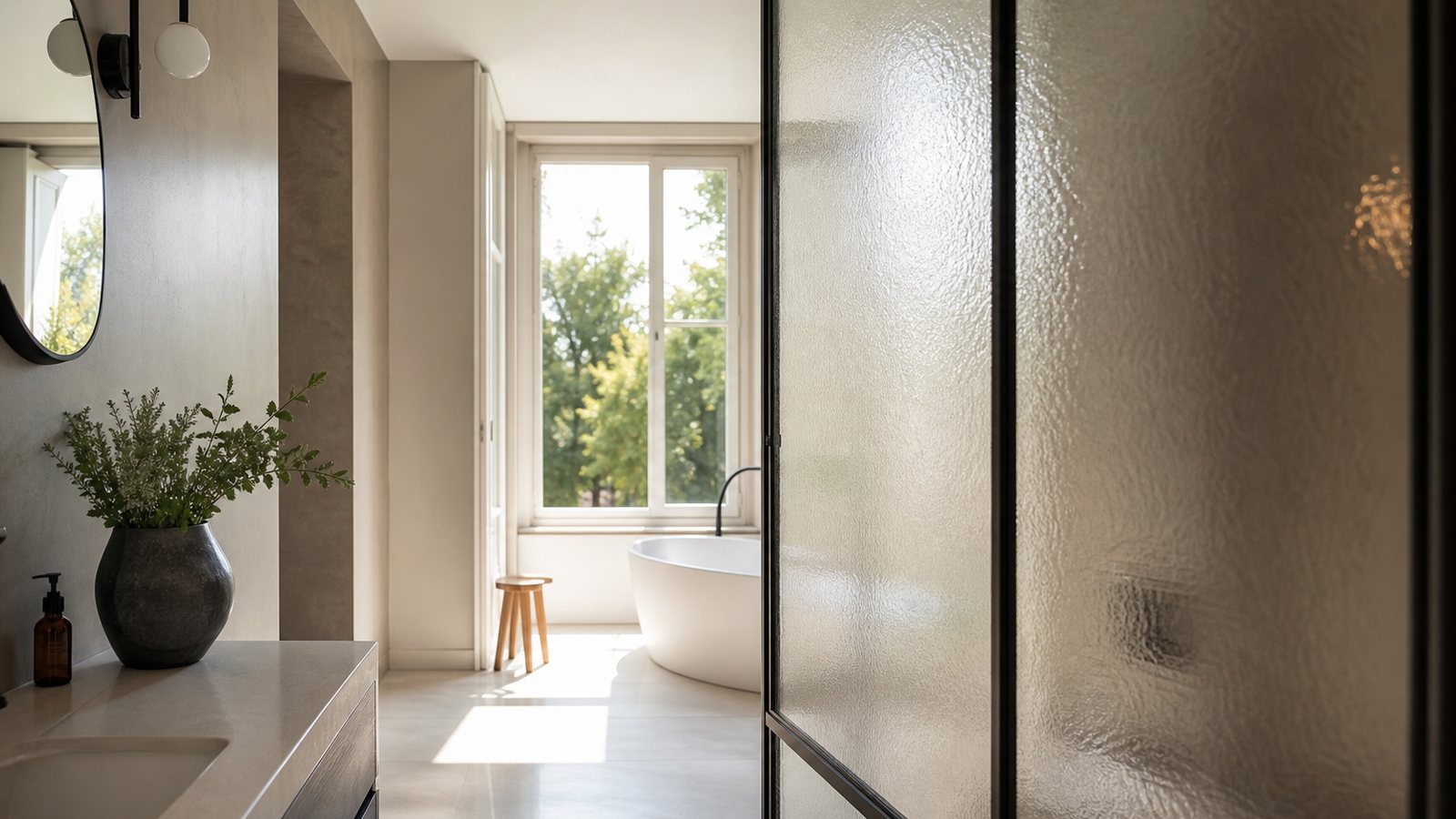 Verrière en acier fin à verre dépoli séparant une salle de bains claire d'une chambre